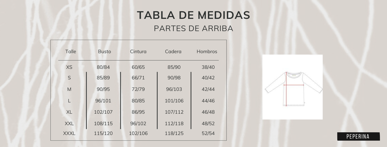 Tabla de talles para partes de arriba